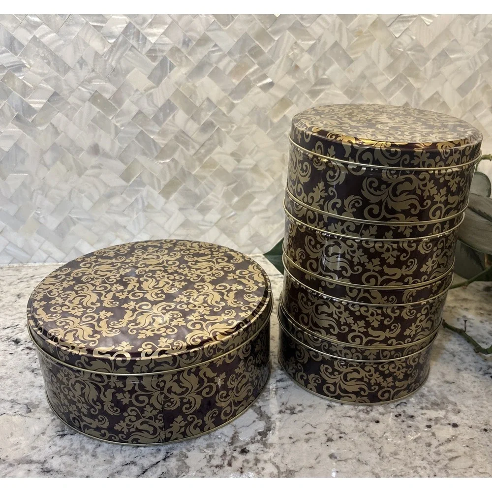 5 Vintage Round Gold Brown Metal Trinket Box Gift Tin Storage Leaf Pattern